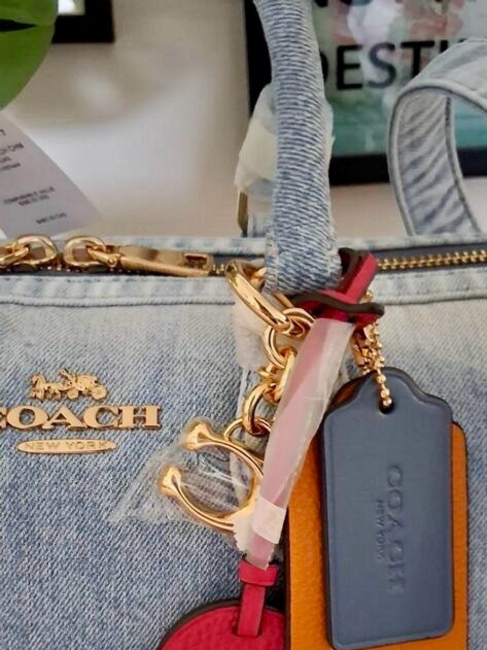 COACH LRG ROWAN DENIM SATCHEL + MATCHING WRISTLET BOTH NWT WITH CHARMS - Picture 5 of 15